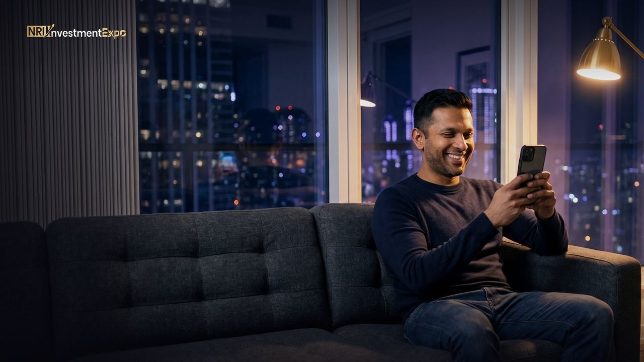 Watch the film: an NRI at home, smiling as the NRI Investment Expo opens on his phone