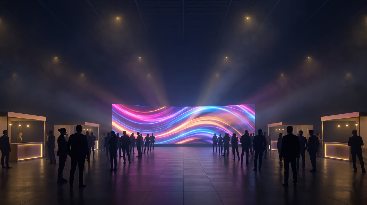The NRI Investment Expo hall, lit by ribbons of coloured light